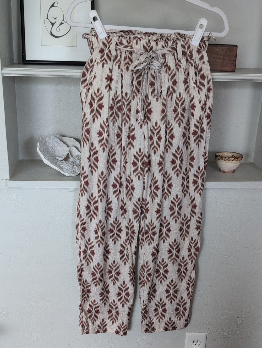Giada Forte 100% Silk Cream & Brown Patterned Pants Tie Waist Small